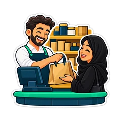 A happy shopkeeper and customer